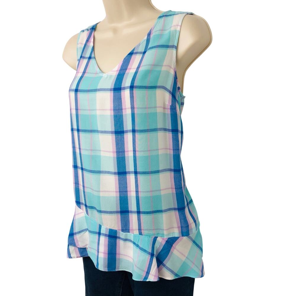 a.n.a. Blue White Pink Plaid Sleeveless Top Ruffled Trim Hem - Picture 14 of 16